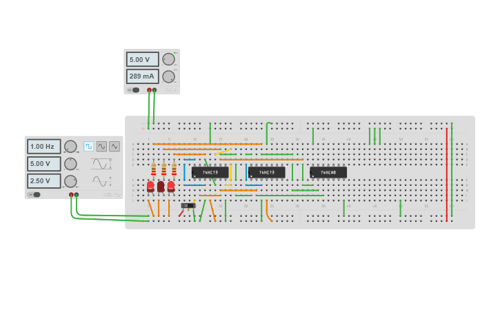 Circuit design MOD6 COUNTER USING T-FF with asyncronous clock - Tinkercad