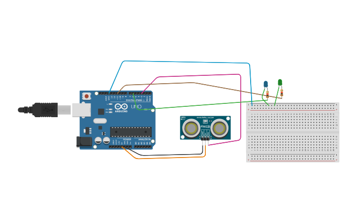 Circuit design Final Ultra sonic sensor with led control - Tinkercad