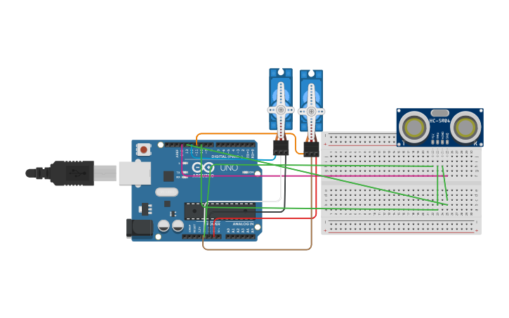 Circuit design controlling servo motor using ultrasonic sensor - Tinkercad