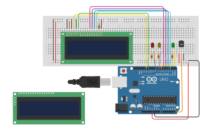 Circuit design sensor de temperatura com lcd e escala em led - Tinkercad