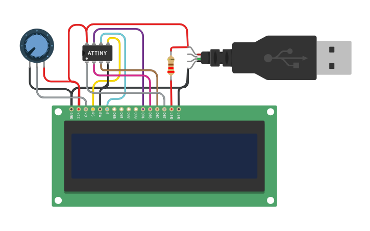 Circuit design Interfacing 16*2 LCD display with Attiny - Tinkercad