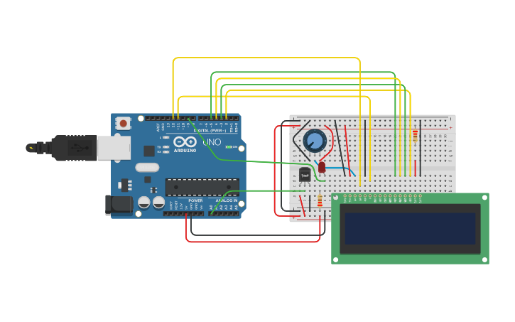 Circuit design LCD con sensor de temperatura - Tinkercad