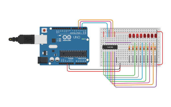 Circuit design 8 Bit shift register - Tinkercad