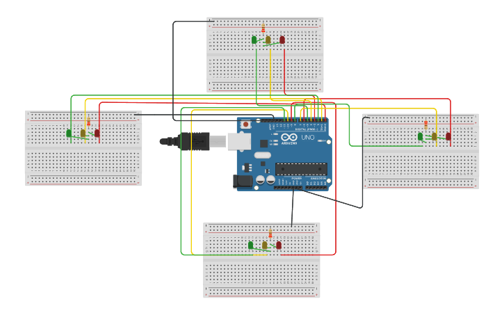 Circuit design 4 way traffic signal simulator - Tinkercad