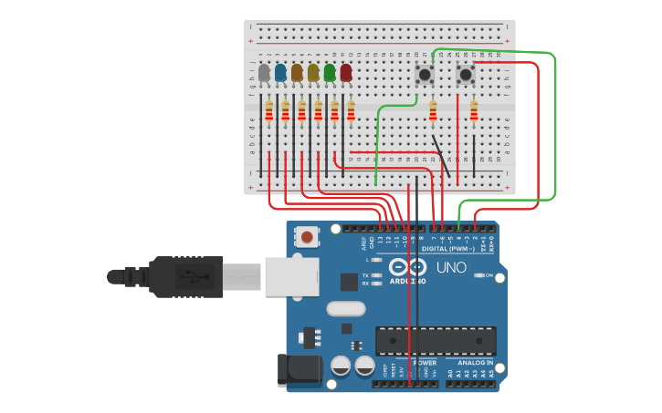 Circuit design Secuencia de 6 LED con 2 pulsador - Tinkercad