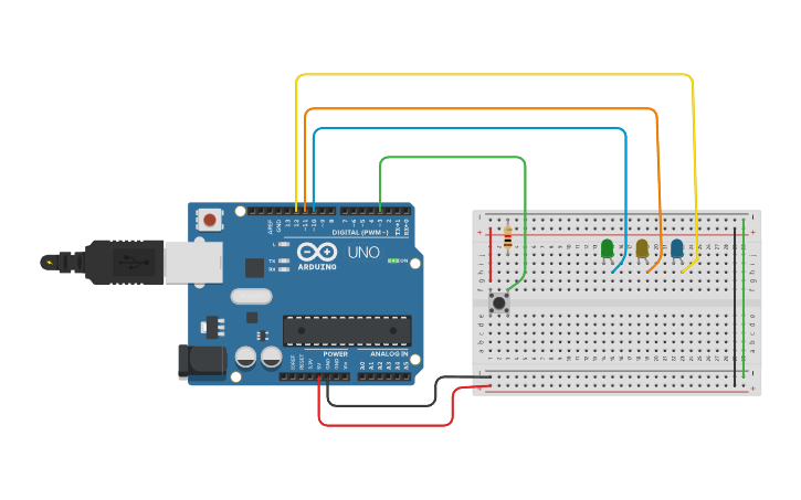 Circuit design Encendido de 3 LED CON Pulsadores - 1BV - 111B - Tinkercad