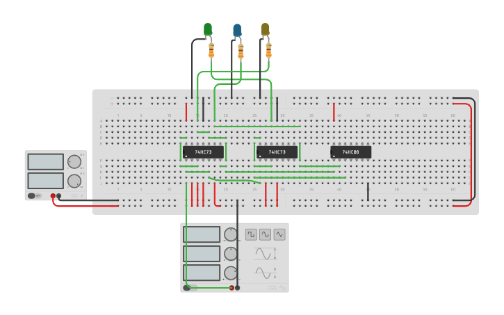 Circuit design 3-bit Counter using JK Flip-Flop - Tinkercad