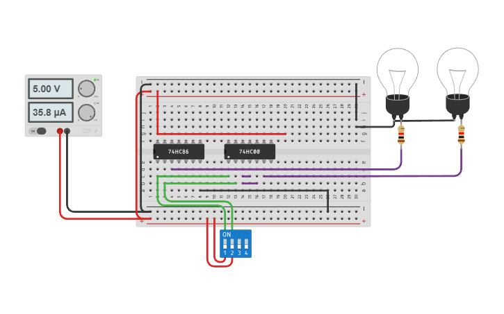 Circuit design half adder using NAND gates and XOR gates - Tinkercad