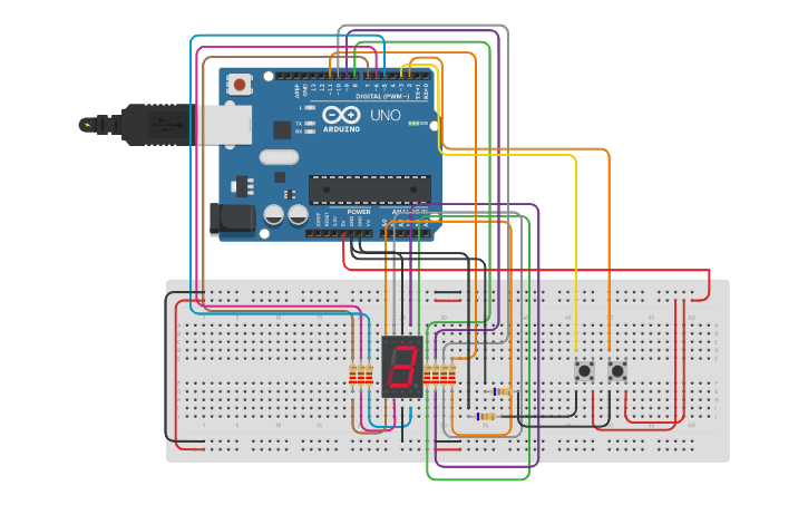 Circuit design Display 7 segmentos con pulsador de aumento/decremento ...