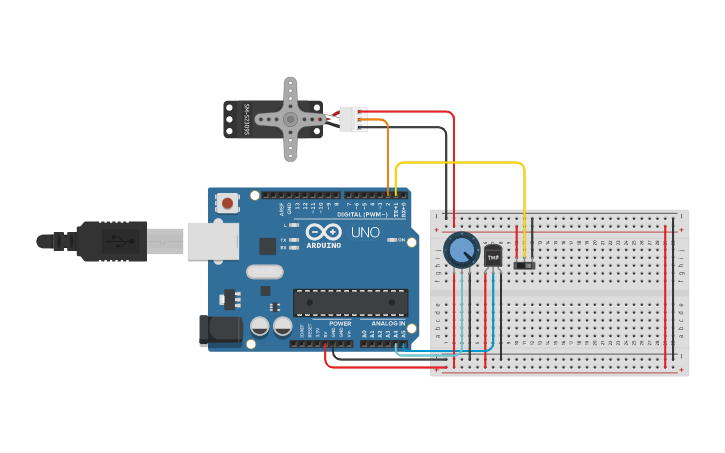 Circuit design Motor with potentiometer and temperature - Tinkercad