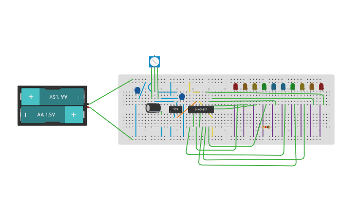 Circuit design LED Chaser using a 555-timer and 74HC4017 - Tinkercad