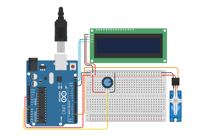 Circuit design Servo motor via potentiometer and LCD screen - Tinkercad