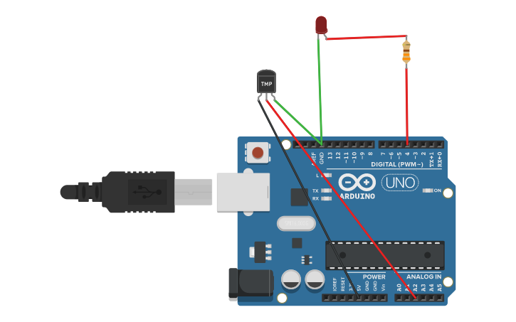 Circuit design temperature indicator with sensor - Tinkercad