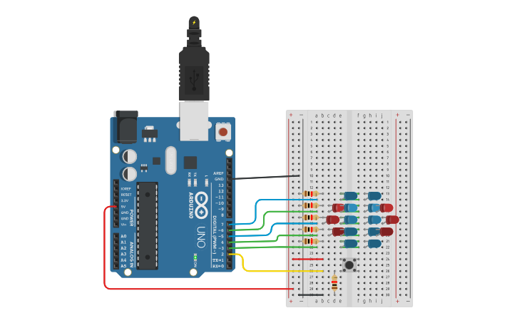Circuit design Leds en secuencia con pulsador - Tinkercad