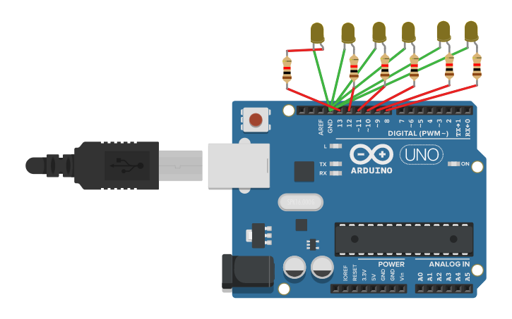 Circuit design six led blinking - Tinkercad