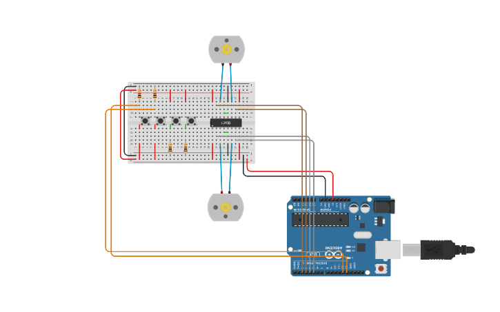 Circuit design 4 pulsadores 2 motores - Tinkercad