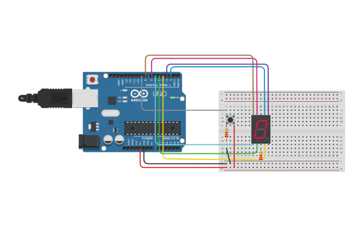 Circuit design 7-Segment with push button - Tinkercad