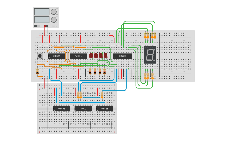 Circuit design 0-9 Sequential counter - Tinkercad