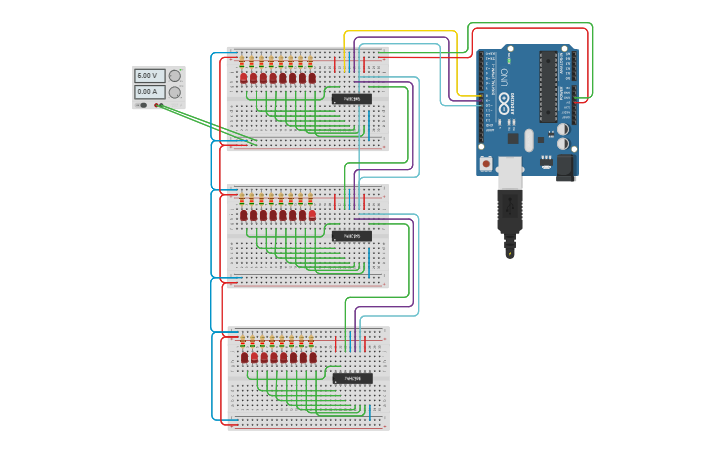 Circuit design 74H595 Chain - Tinkercad