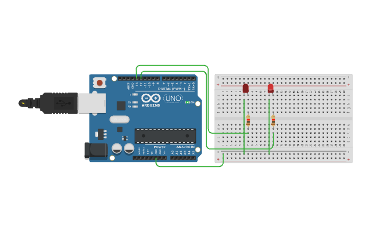 Circuit design toggle 2 leds - Tinkercad