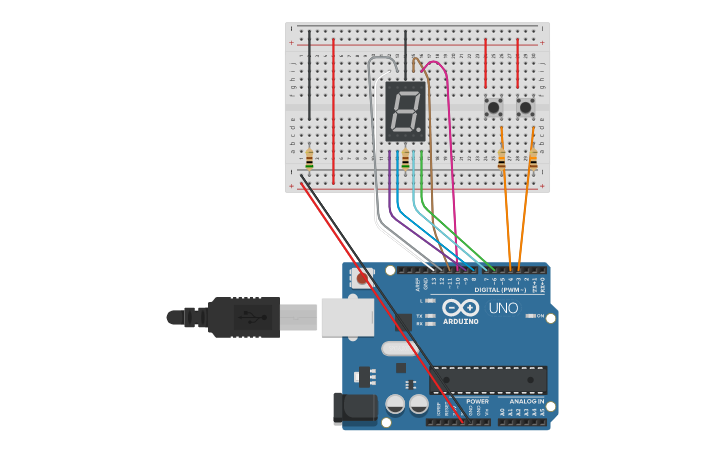 Circuit design Button Press 7 Segment Display (Code Blocks) - Tinkercad