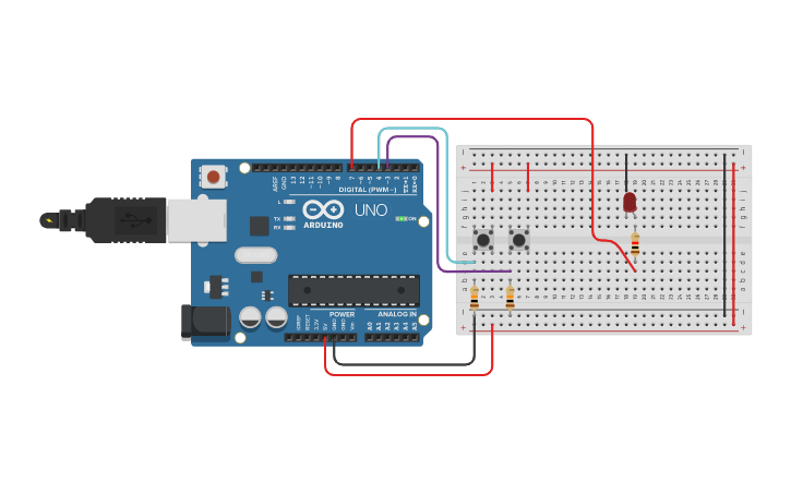 Circuit design Circuito con 2 pulsadores (P1, P2) y LED - Tinkercad
