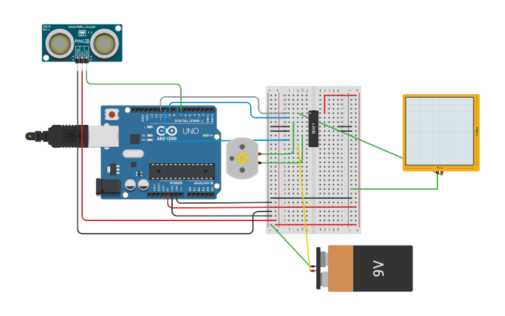 Circuit design H-bridge and DC Motor and Ping sensor - Tinkercad
