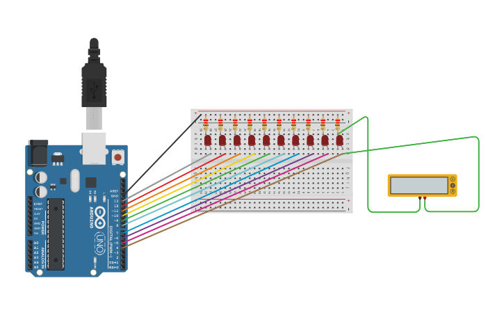 Circuit design Running LED in sequence - Tinkercad