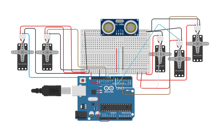 Circuit design Control 5 servo motor using ultrasonic sensor - Tinkercad