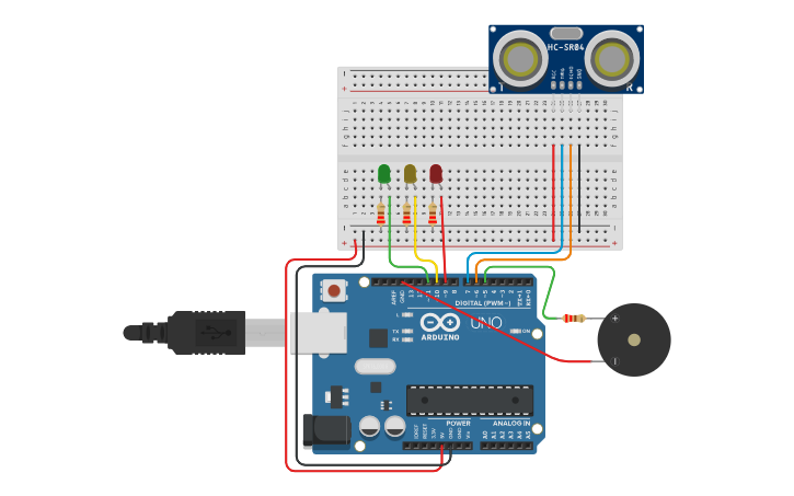Circuit design Arduino Ultrasonic Sensor BEEP LEDS - Tinkercad
