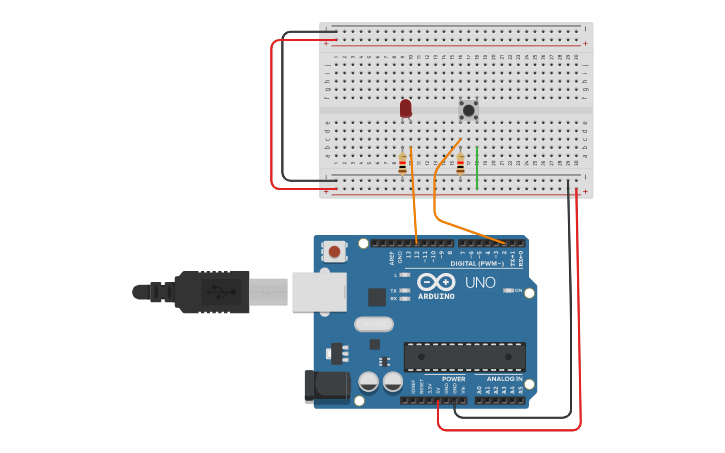Circuit design Práctica 2: Pulsador y LED - Tinkercad