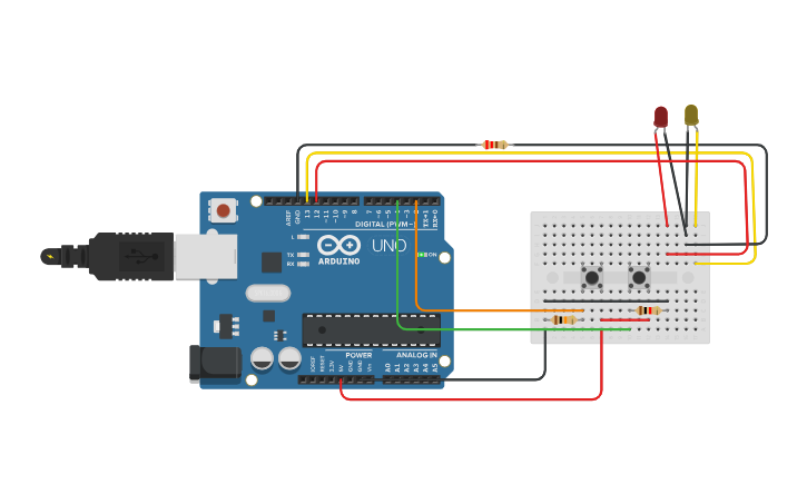 Circuit design encender y apagar dos LED dos pulsadores - Tinkercad