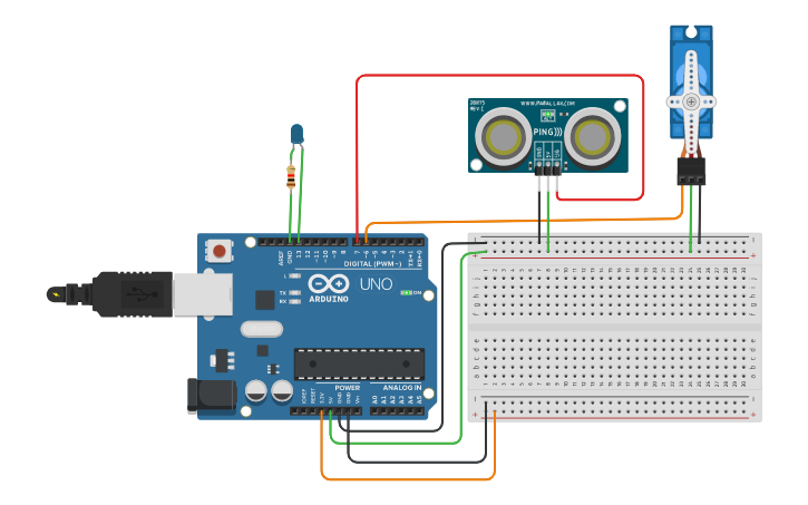 Circuit design ultrasonic sensor & servo motor - Tinkercad