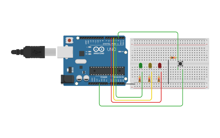 Circuit design 3 led with button - Tinkercad