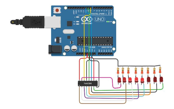 Circuit design Knight Rider Led Animation with Arrays (74hc595) - Tinkercad