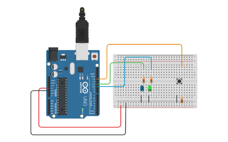 Circuit design 2 leds com botão - Tinkercad