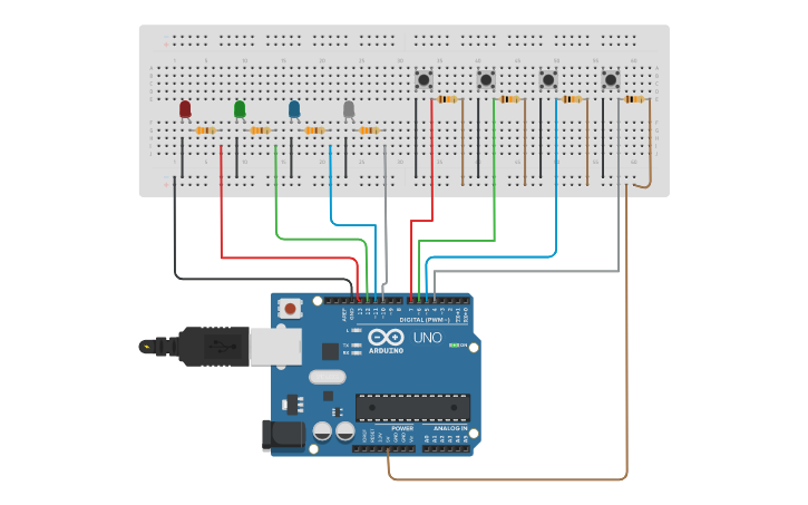 Circuit design LEDS E BOTOES COM VETOR - Tinkercad