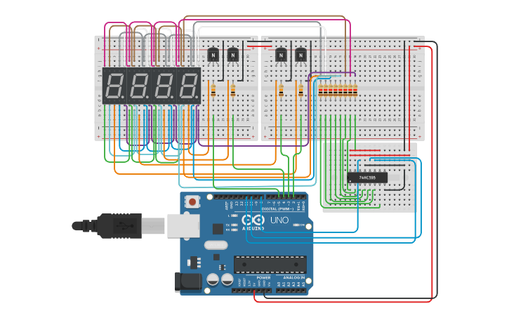 Circuit design Multiplexação de Displays 7 segmentos - Tinkercad