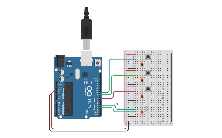 Circuit design LED RGB con 3 botones - Tinkercad