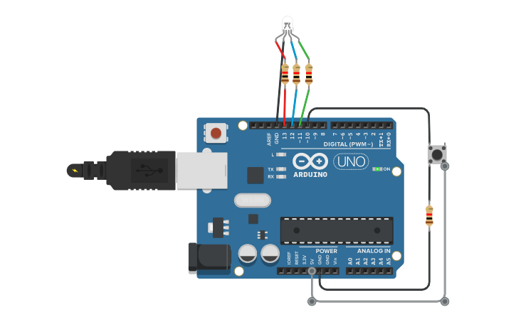 Circuit design LED RGB e Push Button - Tinkercad