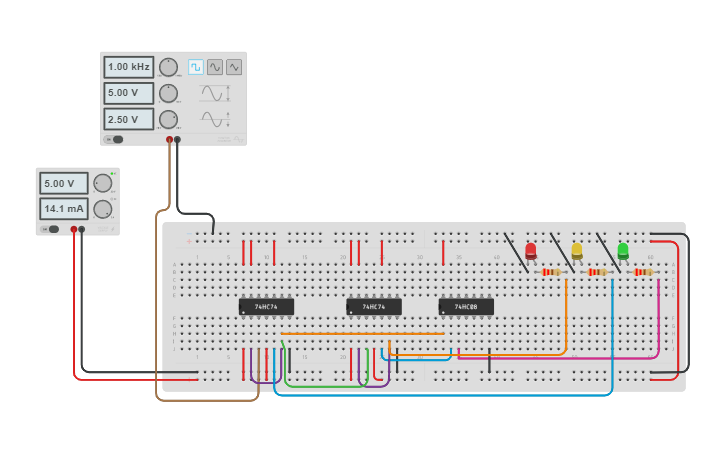 Circuit design traffic light d flip flop - Tinkercad