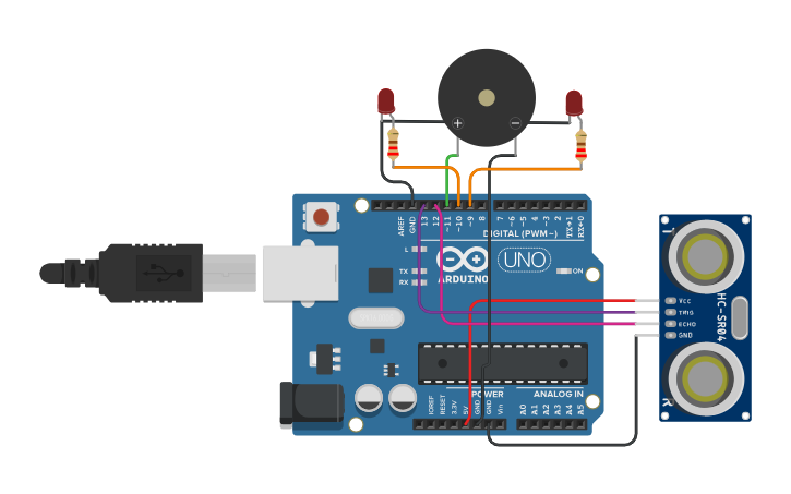 Circuit design Piano divertido con Ultrasonido - Tinkercad