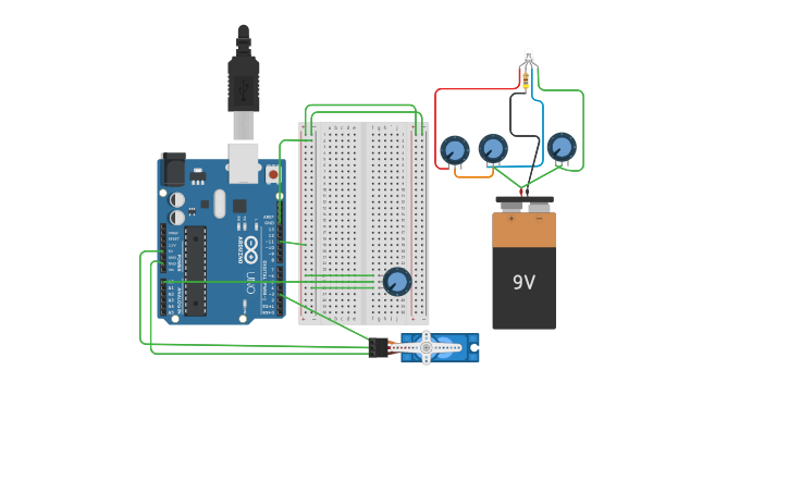 Circuit design RGB Led and Servo - Tinkercad