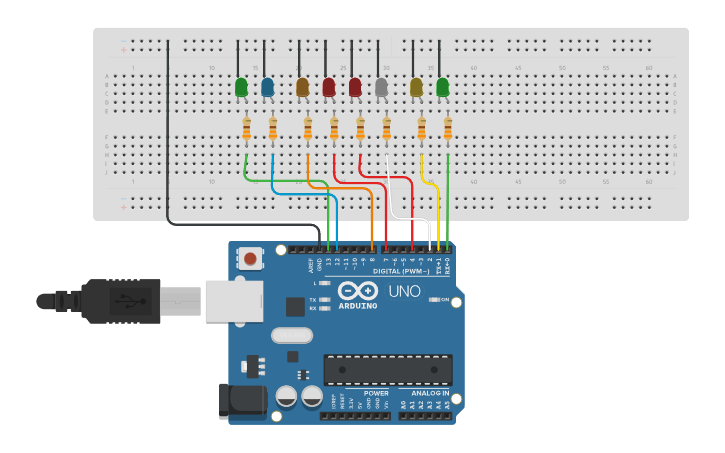 Circuit design Copy of arduino 8 leds - Tinkercad