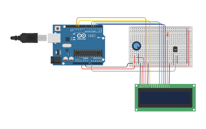 Circuit design Circuito c/ sensor de temperatura e LCD - Tinkercad
