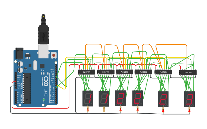 Circuit design Copy of 7 SEGMENT DISPLAYS USE 74HC595 4 pcs. - Tinkercad