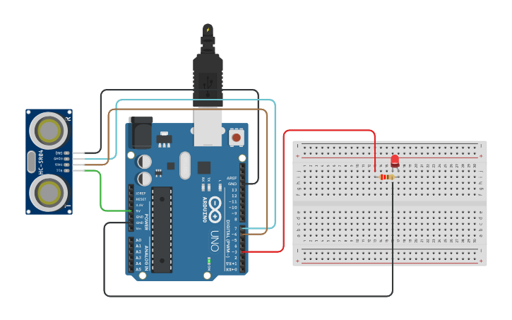 Circuit design Arduino - Ultrasonic Sensor LED - Tinkercad