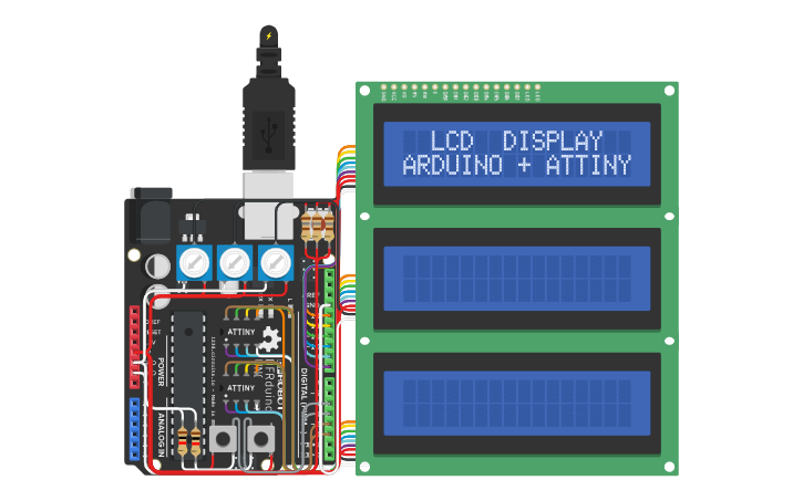 Circuit design LCD DISPLAY = ARDUINO + 2 ATTINY - Tinkercad