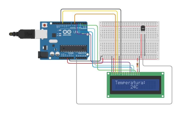 Circuit design SENSOR DE TEMPERATURA CON LCD - Tinkercad