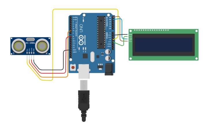 Circuit design LCD AND ULTRASONIC SENSOR - Tinkercad